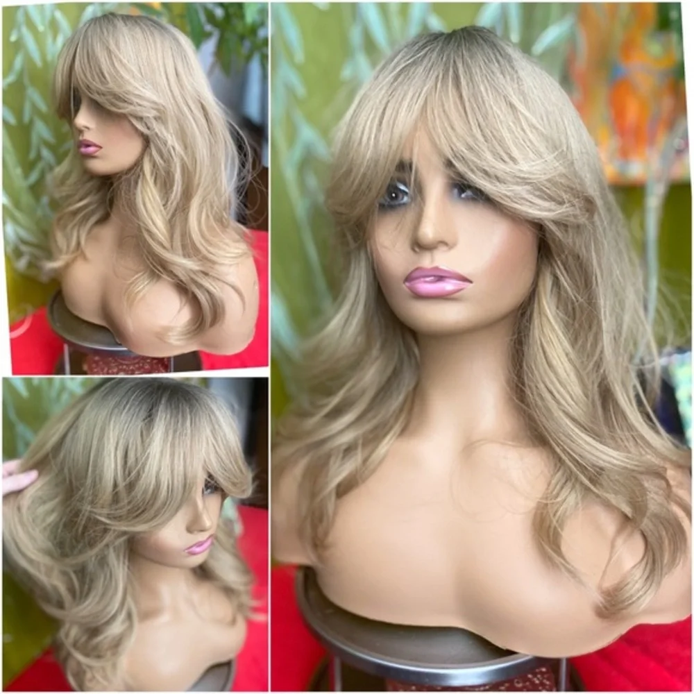 Golden dirty blonde layered wig with bangs and roots